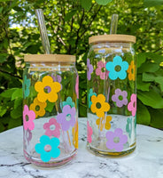 Glass Cup - Retro Flower, Pastel