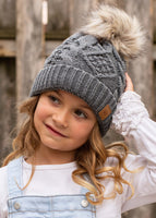 Kids Grey Cable Knit Pom Hat