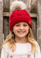 Kids Red Cable Knit Pom Hat