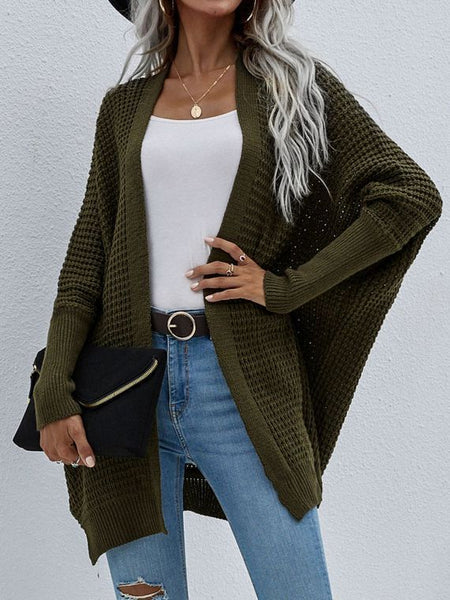 Waffle Knit Open Front Cardigan Sweater; Olive Green; Small - XL